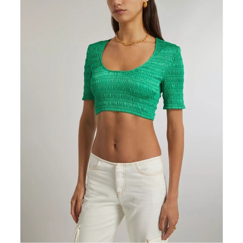 GANNI Bright Green Smocked Crop Top – Size 44 (L) – NWT